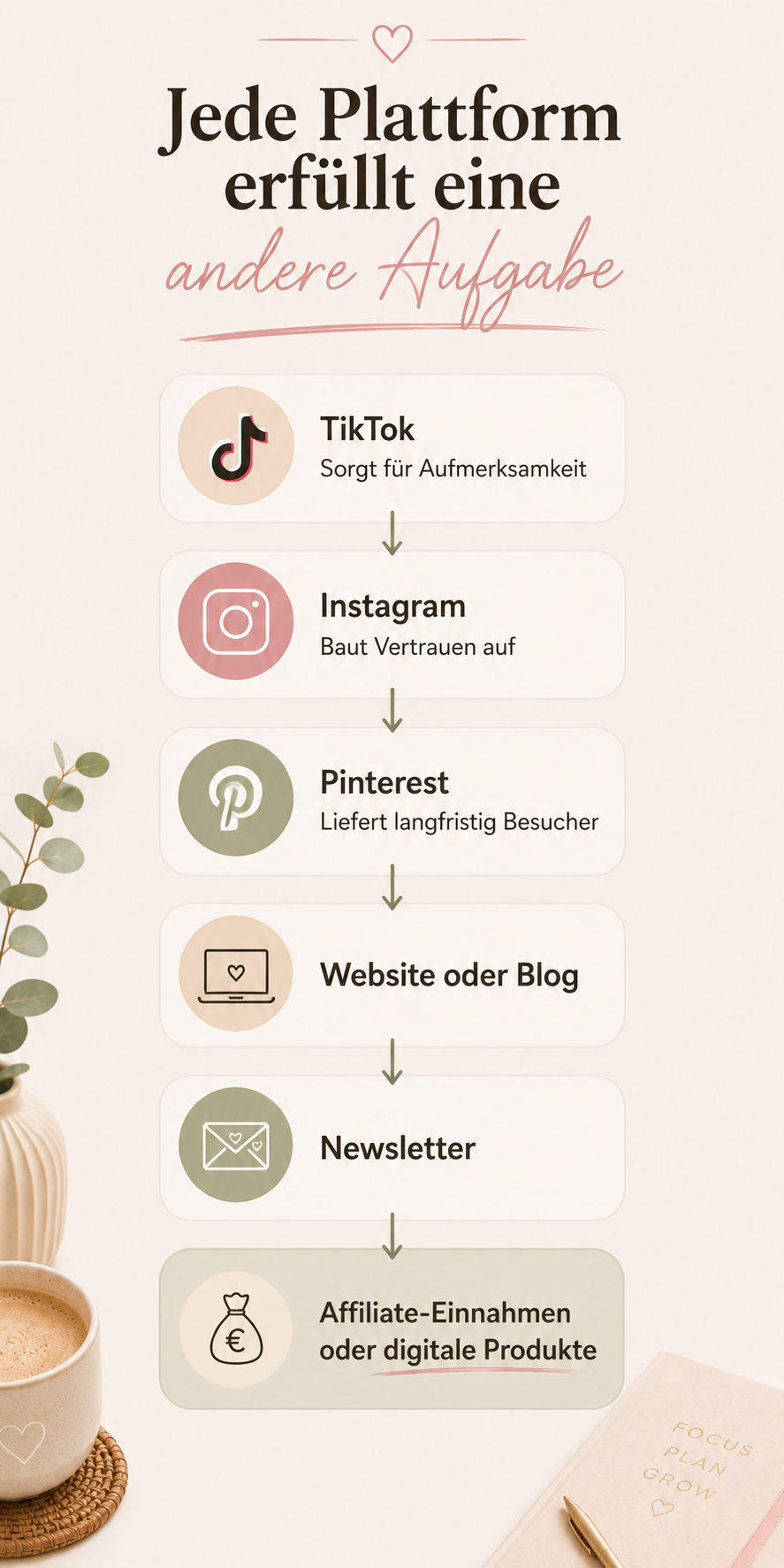 ChatGPT Image 3. Aug. 2026, 12_45_03 Infografik, die zeigt, wie TikTok, Instagram und Pinterest gemeinsam Besucher und Kunden für ein Online-Business gewinnen.